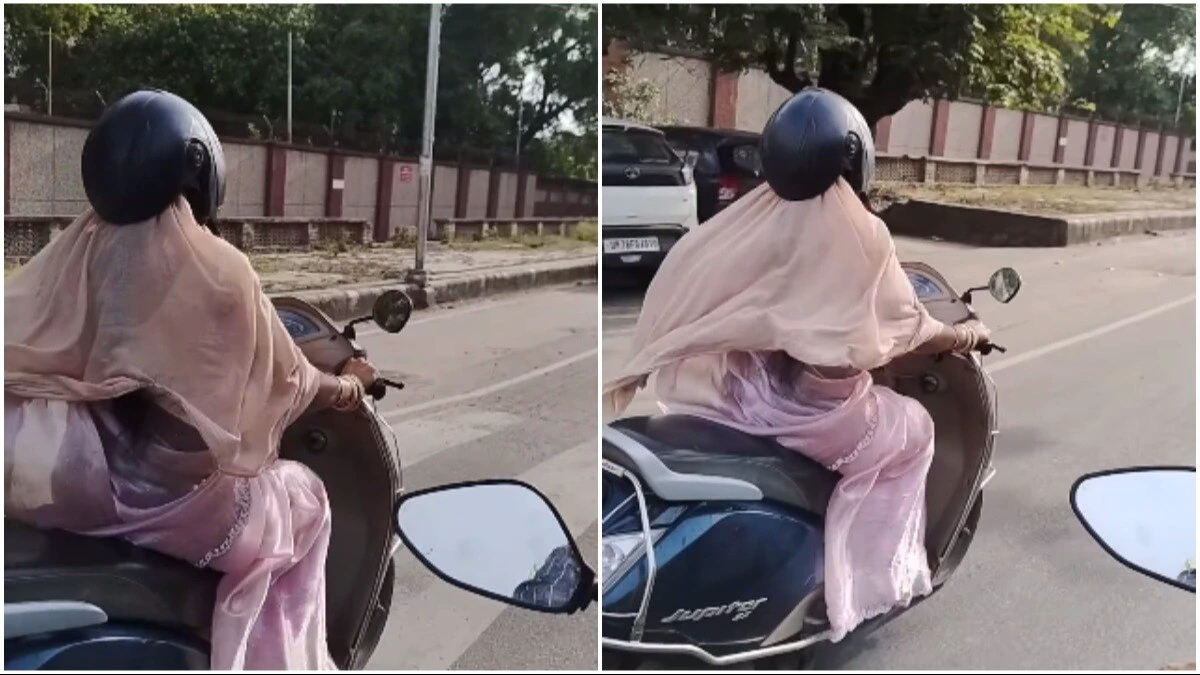 You have to do a double take to understand this Kanpur woman's 'unique helmet'