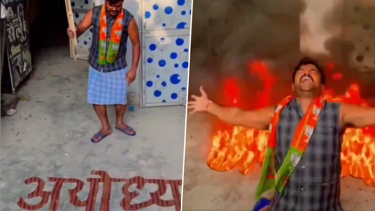 Man Wearing BJP Scarf Sets Fire to 'Ayodhya' Figurine After Lok Sabha Elections 2024 Results, Police React After Video Goes Viral