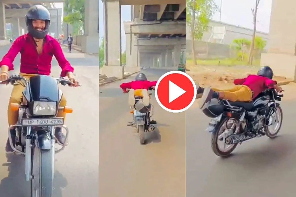 Viral Video: Noida Man Attempts Dangerous Stunt on Moving Bike to Act Like Shaktimaan. Watch