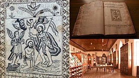 Left: Illustrated page from a rare 17th-century surviving incomplete copy of handwritten Kristapurana, preserved in the British Library; Right: The library at the 400-year-old Rachol seminary and a manuscript from there