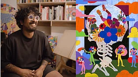 Murugiah's work is defined by vibrant colours, intricate patterns, and a tactile quality influenced by surrealism, pop culture, and Sri Lankan visual traditions.