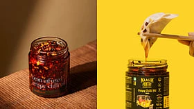 Left: bean infused crispy chilli oil by small batch co; Right: Naagin Pantry Essentials' Crispy Chilli Oil