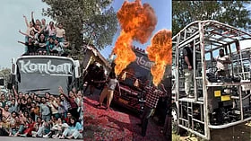 A group of college students on a trip with Komban Holidays (Left); A fire show as part of an event by tourist buses (Centre); The skeleton of the Pikachu Holidays bus being assembled (Right)