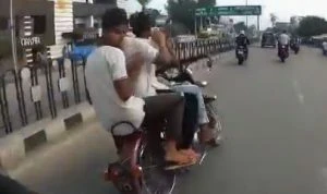 Watch viral video: Triple riders sharp turn; what happens next stuns viewers