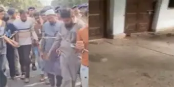 മോത്തി മസ്ജിദുമായി ബന്ധപ്പെട്ട് സമൂഹമാധ്യമത്തില് പ്രകോപനപരമായ പരാമര്ശം നടത്തിയ വ്യക്തിയുടെ വീടിന് നേരെ കല്ലെറിഞ്ഞു, ഒൻപത് മുസ്ലിം യുവാക്കളെ കയറുകൊണ്ട് ബന്ധിച്ച് തെരുവിലൂടെ പരേഡ് നടത്തി പോലീസ്- Video
