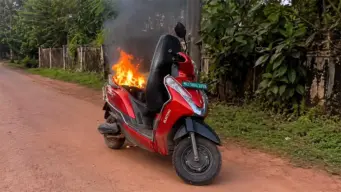 Narrow Escape for Rider as Moving Electric Scooter Catches Fire in Udupi