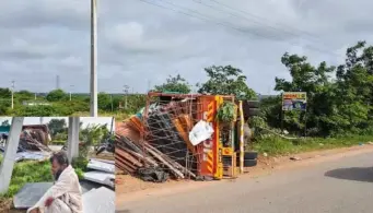 ప్లైవుడ్ డోర్ల లోడులో వెళ్తున్న డీసీఎం బోల్తా.. డ్రైవర్ కు స్వల్ప గాయాలు
