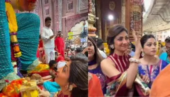 Shilpa Shetty visits Lalbaugcha Raja with sister Shamita, arrives barefoot to seek Bappas blessings