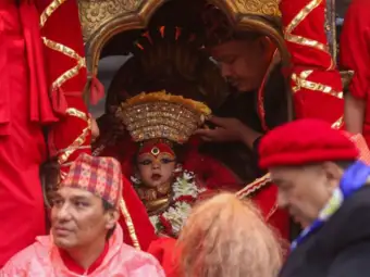 Nepal’s newly anointed Living Goddess Kumari embarks on first tour round the city with arrival of festive season