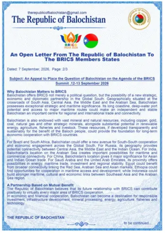 AN OPEN LETTER FROM THE REPUBLIC OF BALOCHISTAN TO THE BRICS MEMBER STATES