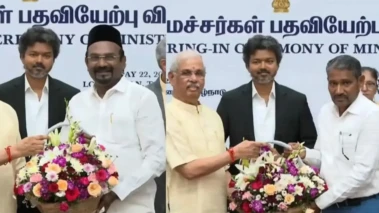 തമിഴ്നാട്ടില്‍ മുസ്ലിം ലീഗ്, വിസികെ മന്ത്രിമാര്‍ സത്യപ്രതിജ്ഞ ചെയ്തു; വിജയ് സര്‍ക്കാരില്‍ 35 മന്ത്രിമാര്‍, നാലുവനിതകളും ഏഴു ദളിതരും