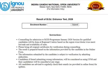 IGNOU BEd Result 2026 OUT at ignou.ac.in, Direct Link to Check Entrance Exam Scorecard