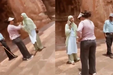 Viral Video: Hijab Clad Woman Roams Badami Cave Temple With Slippers, Tourist Takes Her to Task