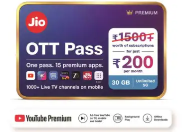Jio OTT Pass: जियो का धमाका! अब 200 रुपये में 15 OTT, 1000 से ज्यादा टीवी चैनल और 30GB डेटा