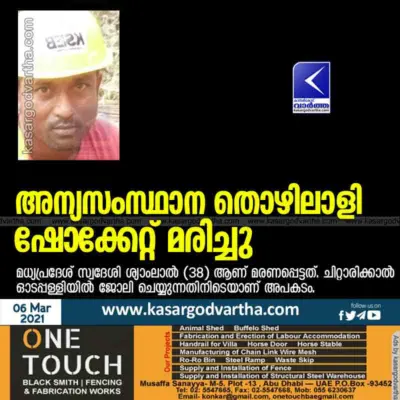 അന്യസംസ്ഥാന തൊഴിലാളി ഷോക്കേറ്റ് മരിച്ചു