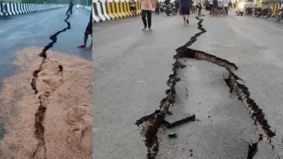 रेलवे ओवरब्रिज पर पड़ी दरारें : पहली बारिश ने ही खोल दी भ्रष्टाचार की पोल, सात फीट तक धंसी सड़क