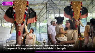 Richa Chadha attended Onam Ceremony with daughter Zuneyra at Gurupuram Sree Maha Vishnu Temple