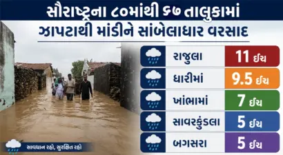 અમરેલી જિલ્લો જળમગ્ન: રાજુલામાં 11 ઈંચ વરસાદ ખાબક્યો, 5 તાલુકામાં શાળાઓ બંધ, જળબંબાકારથી માર્ગ વ્યવહાર ખોરવાયો