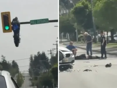 Watch: Motorcycle Left Hanging Mid-Air From Traffic Signal After 'Straight Out Of A Movie' Crash In Canada