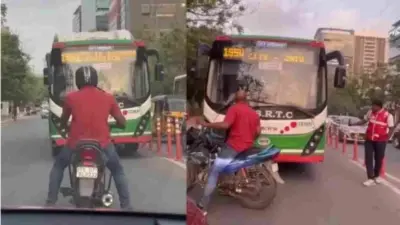 రాంగ్ రూట్ లో వచ్చిన ఆర్టీసీ బస్సు డ్రైవర్కు బుద్ధి చెప్పిన బైకర్