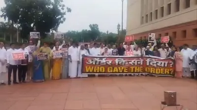 आर्डर किसने दिया? लिखे बैनर को लेकर कांग्रेस ने विपक्षी सांसदों के साथ किया प्रदर्शन, BJP का पलटवार