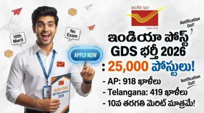 India Post GDS Recruitment 2026:తపాలా శాఖ లో 25,000 పోస్టుల భర్తీకి నోటిఫికేషన్ విడుదల... APలో 918, తెలంగాణలో 419 ఖాళీలు.. 10వ తరగతి మెరిట్తోనే ఉద్యోగం!