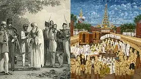 Left: Capture of Bahadur Shah Zafar by William Hodson at Humayun's tomb; Right: King Thibaw, the last king of Burma being exiled to India at the end of the third Anglo-Burmese war in 1885 by the British