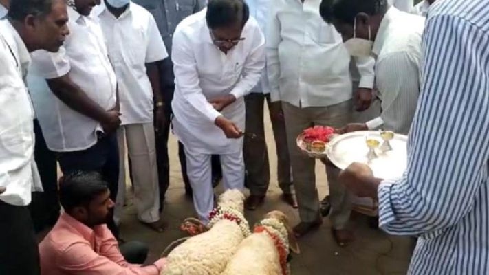 ತುಮಕೂರು: ಮಾಜಿ ಡಿಸಿಎಂ ಪರಮೇಶ್ವರ್​ಗೆ ಕುರಿಗಳನ್ನು ಕೊಡುಗೆಯಾಗಿ ನೀಡಿದ ಕಾಂಗ್ರೆಸ್​​ ಕಾರ್ಯಕರ್ತ