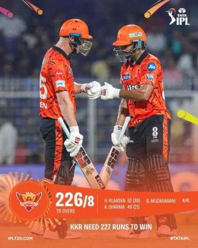 IPL 2026 SRH VS KKR: सनराइजर्स ने दिया 227 रनो का लक्ष्य