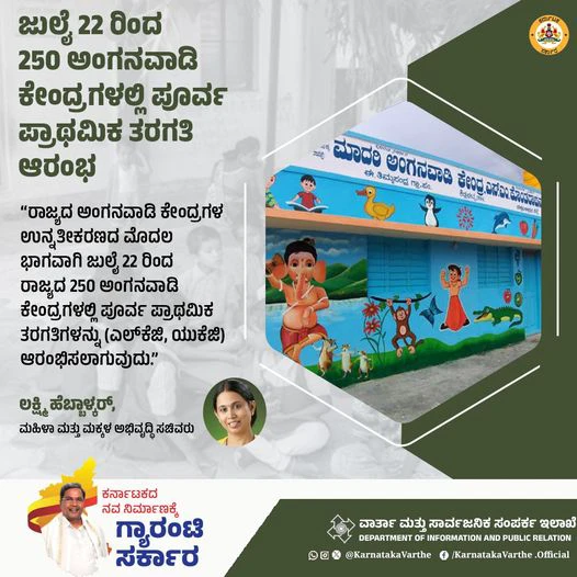 ಜುಲೈ 22 ರಿಂದ ರಾಜ್ಯದ 250 ಅಂಗನವಾಡಿ ಕೇಂದ್ರಗಳಲ್ಲಿ LKG, UKG ಆರಂಭ