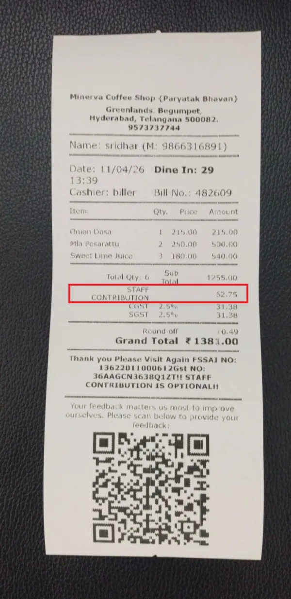 Hyderabad Diner Flags Mystery Fee at Minerva Coffee Shop
