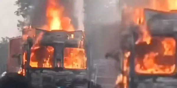 Moving lorry catches fire on NH-16 in Debra, traffic disrupted