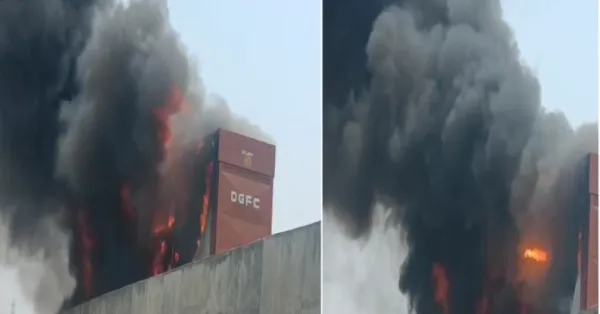 కంటైనర్లో మంటలు..కొత్త కార్లు దగ్ధం