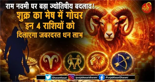 Shukra Rashi Parivartan 2026 : राम नवमी पर बड़ा ज्योतिषीय बदलाव ! शुक्र का मेष में गोचर इन 4 राशियों को दिलाएगा जबरदस्त धन लाभ