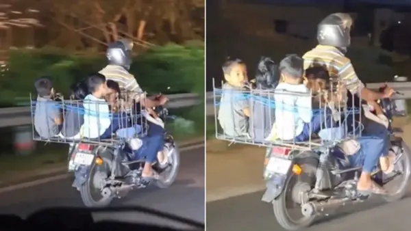 एक बाइक पर 7 बच्चे, लोहे की टोकरी में 6; मासूमों की जान से खिलवाड़ का वीडियो वायरल
