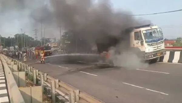 Hyva truck catches fire on Panikoili overbridge in Jajpur; driver escapes unhurt