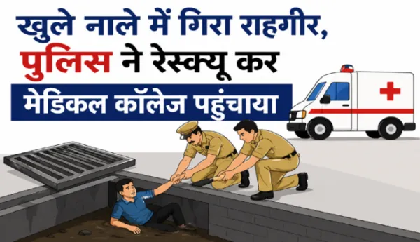 खुले नाले में गिरा राहगीर, पुलिस ने रेस्क्यू कर मेडिकल कॉलेज पहुंचाया