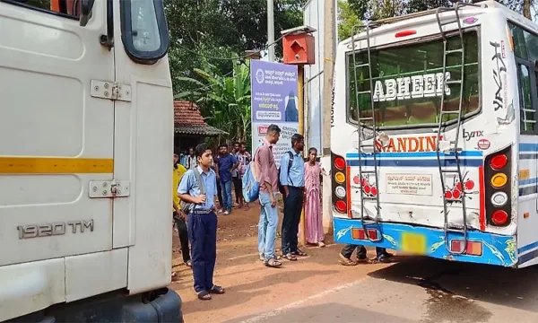 Four students injured after tipper lorry hits service bus near Haleyangadi