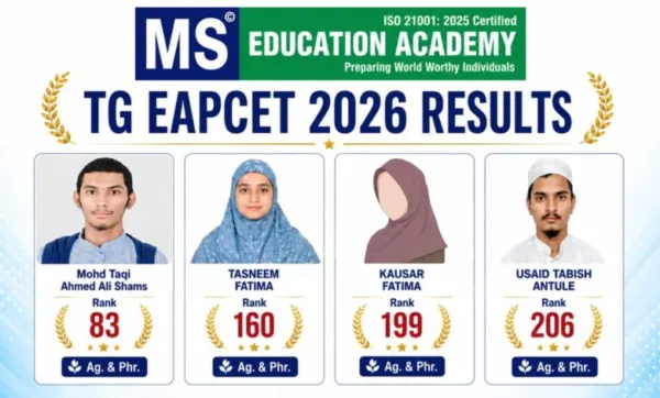 ٹی جی ایپسٹ 2026 میں ایم ایس ایجوکیشن اکیڈیمی کا شاندار مظاہرہ، 22 طلبہ کو ریاستی سطح پر ٹاپ 1000 رینکس میں جگہ حاصل