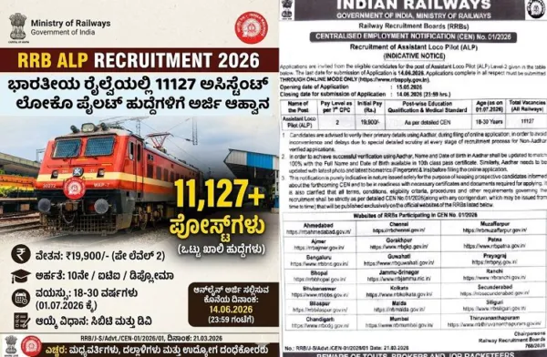 JOB ALERT : ಉದ್ಯೋಗಾಕಾಂಕ್ಷಿಗಳಿಗೆ ಗುಡ್ ನ್ಯೂಸ್ : ಭಾರತೀಯ ರೈಲ್ವೆ ಇಲಾಖೆಯಲ್ಲಿ 11,127 ಹುದ್ದೆಗಳಿಗೆ ಅರ್ಜಿ ಆಹ್ವಾನ