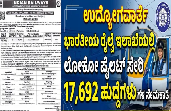 ಉದ್ಯೋಗವಾರ್ತೆ : ಭಾರತೀಯ ರೈಲ್ವೆ ಇಲಾಖೆಯಲ್ಲಿ `ಲೋಕೋ ಪೈಲಟ್' ಸೇರಿ 17,692 ಹುದ್ದೆಗಳ ನೇಮಕಾತಿ