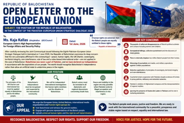 Republic of Balochistan Urges EU to Reconsider Pakistan Policy in Open Letter