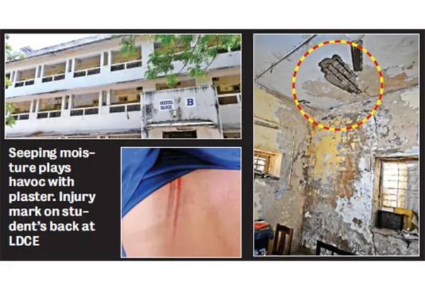 LDCE hostel ceiling falls apart, student hurt Incident occurred when final year engineering student was preparing his internship report