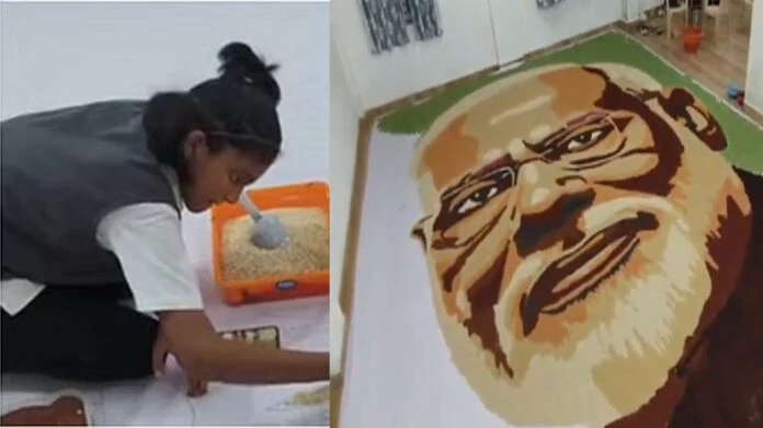 ರಾಗಿಯಲ್ಲಿ ಮೂಡಿದ ಮೋದಿ ಚಿತ್ರ, ದಾಖಲೆ ಬರೆದ 13ರ ಬಾಲಕಿ
