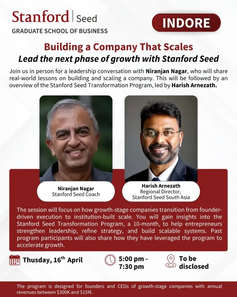Stanford Seed to Host “Building a Company That Scales” Leadership Session in Indore
