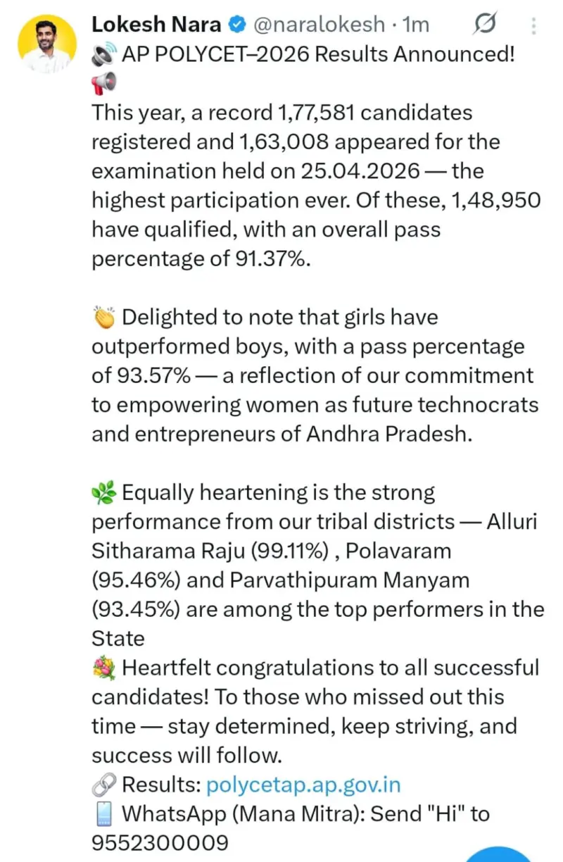 AP POLYCET 2026 Results Out: Record Participation, 91.37% Pass Rate