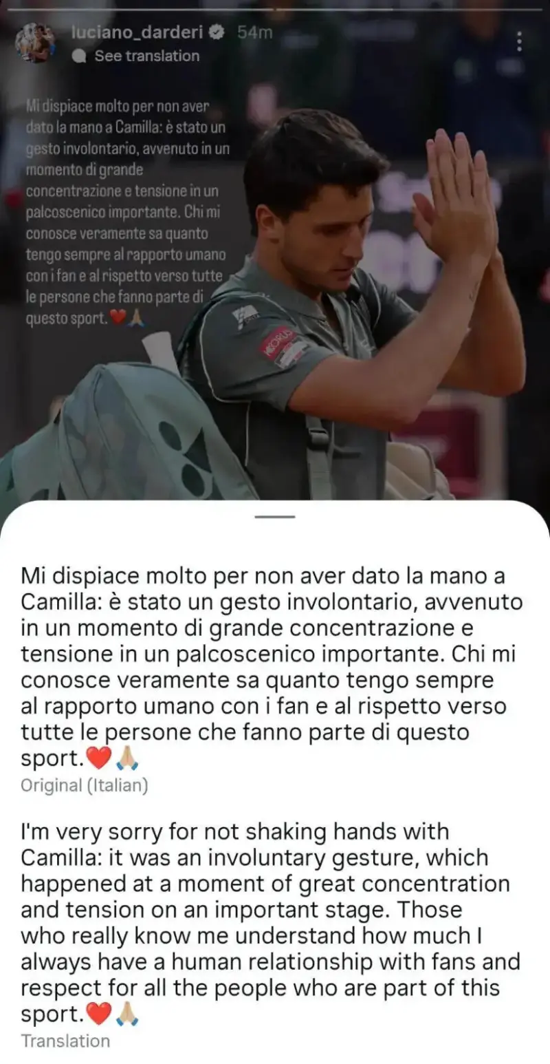 Luciano Darderi Issues Apology After Rome Masters Semifinal Incident