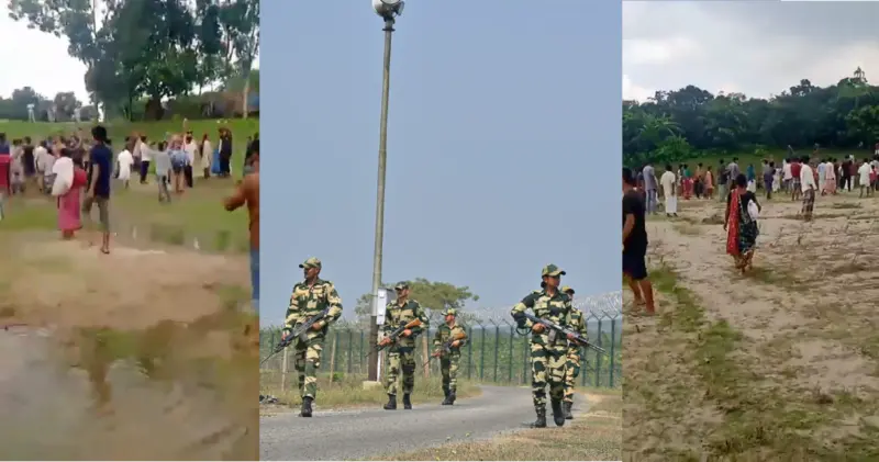 Hindus and Awami League Members fleeing Bangladesh stopped at border by BSF in North Bengal, hundreds of people take shelter on no man's land refusing to return