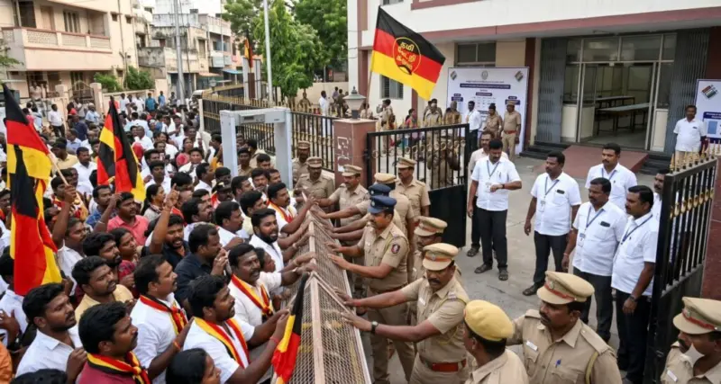 பெரம்பூரில் பரபரப்பு தவெக தொண்டர்களால் வாக்கு எண்ணிக்கை தாமதம் பாதுகாப்பு குறித்த விவாதம்