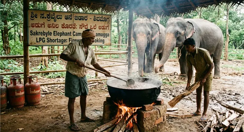 ಸಕ್ರೆಬೈಲು ಆನೆ ಬಿಡಾರಕ್ಕೂ ತಟ್ಟಿದ ಅಡುಗೆ ಅನಿಲ ಬಿಕ್ಕಟ್ಟು: ಗಜಪಡೆಗೆ ಸೌದೆ ಒಲೆ ಅಡುಗೆಯ ಸಂಕಷ್ಟ!